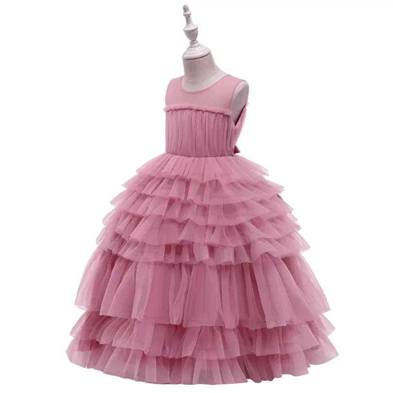 Layered Mesh Long-pink-Party-Dress For Girls