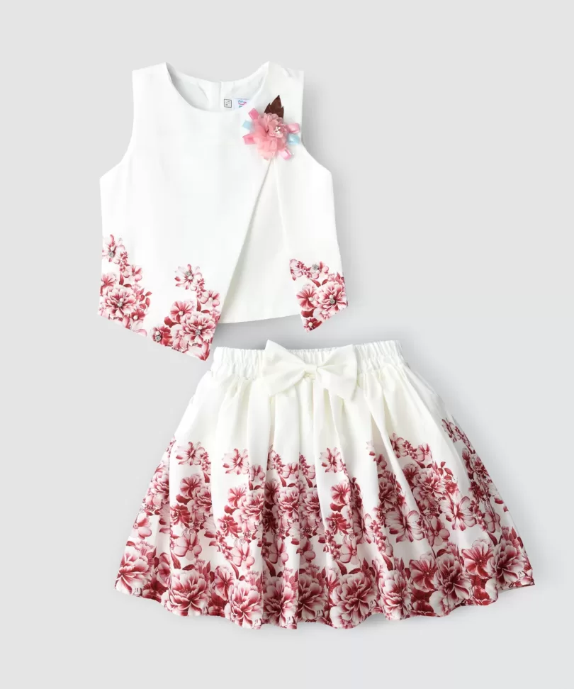 Printed Stylish Top With Pleated Skirt Set For Girls White And Red