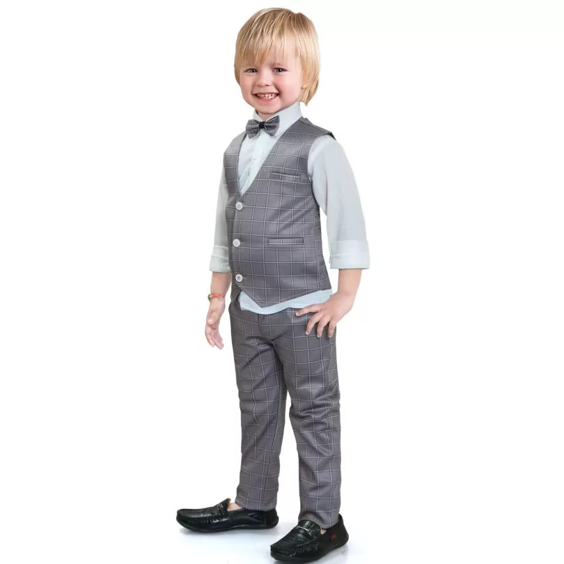 Long Sleeve Tank Shirt Check Pant With Waistcoat Pattern Bow Tie 4 Pieces Child Tuxedos Outfits