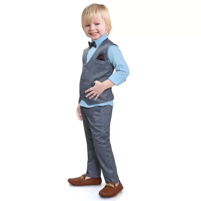 Long Sleeve Shirt Pants With Waistcoat Pattern Bow Tie 4 Pieces Child Tuxedos Outfits