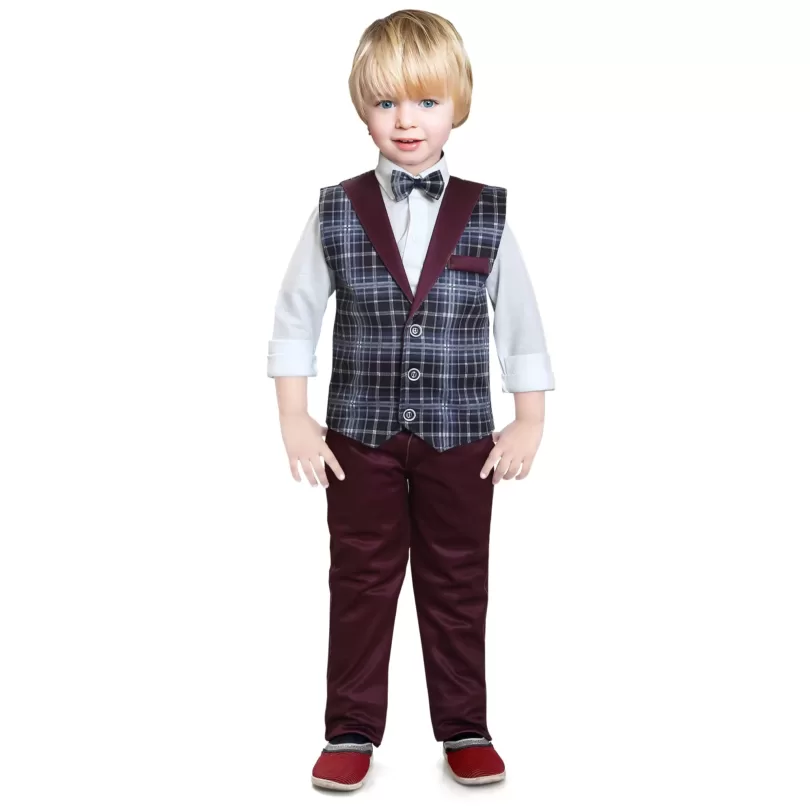Checks Pattern Bow Tie 4 Pieces Child Tuxedos Outfits