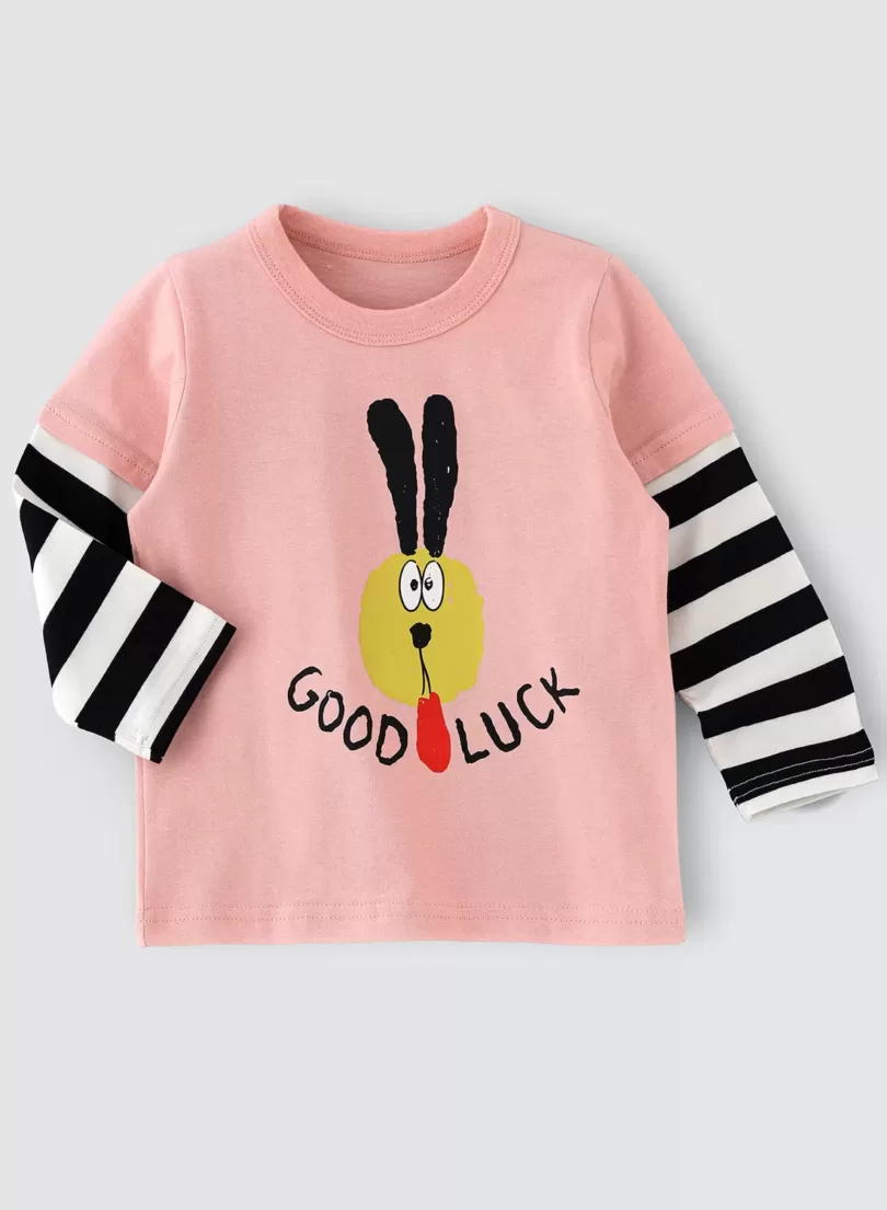 Good Luck Bunny Printed Cotton Tee For Girls
