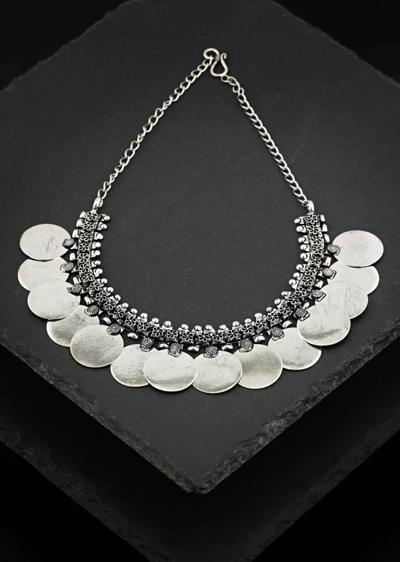 Coin Silver-Plated Oxidised Choker Necklace