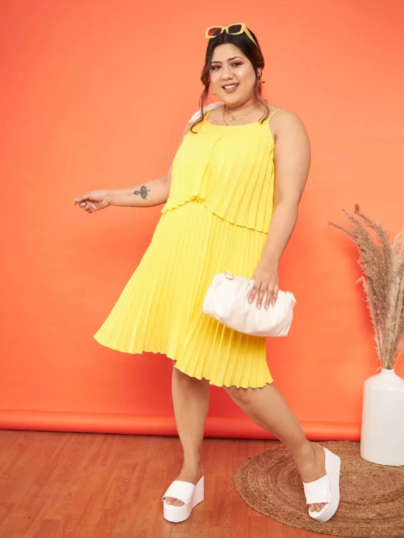 Women Yellow Polka Dot Accordion Pleated Layered Dress