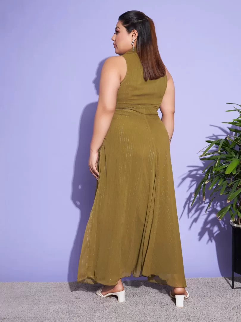 Women Green Chiffon Lurex Notched Collar Maxi Dress