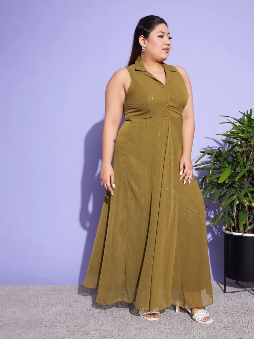 Women Green Chiffon Lurex Notched Collar Maxi Dress