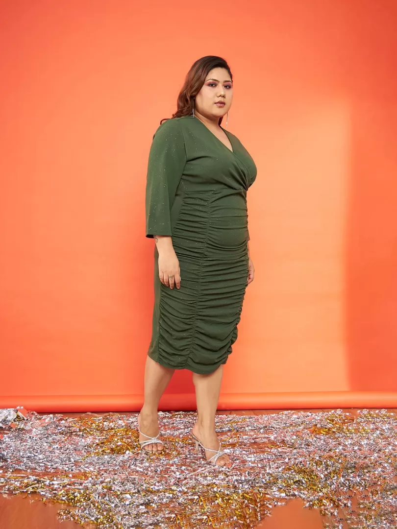 Women Olive Glitter Ruched Bodycon Midi Dress