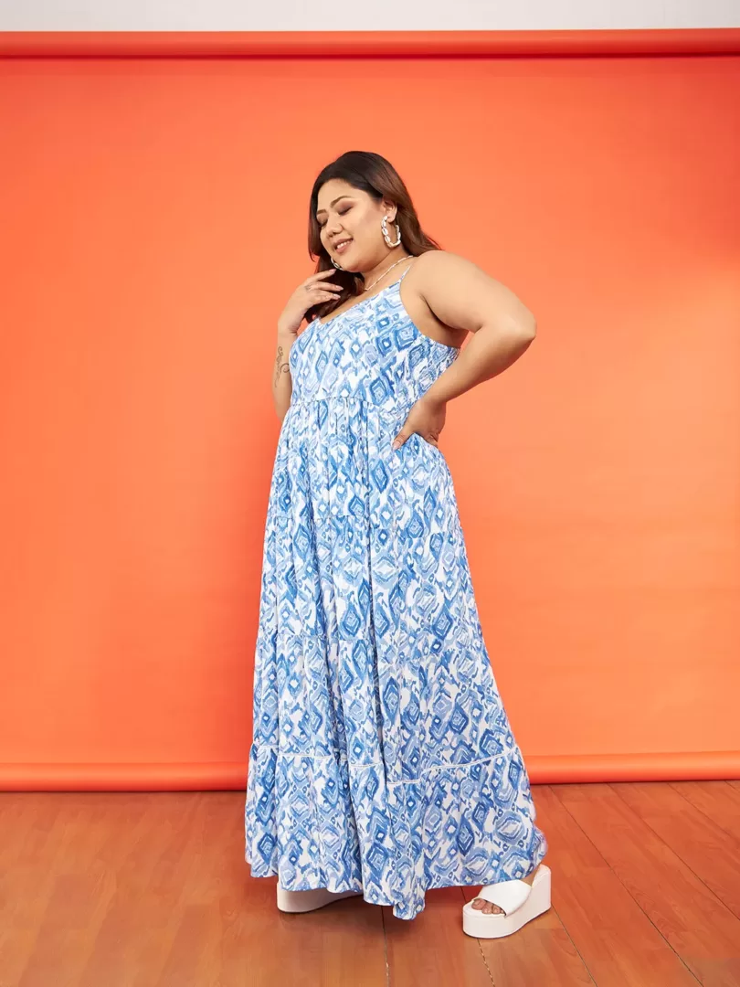Women Blue & White Ikat Strappy Tiered Maxi Dress