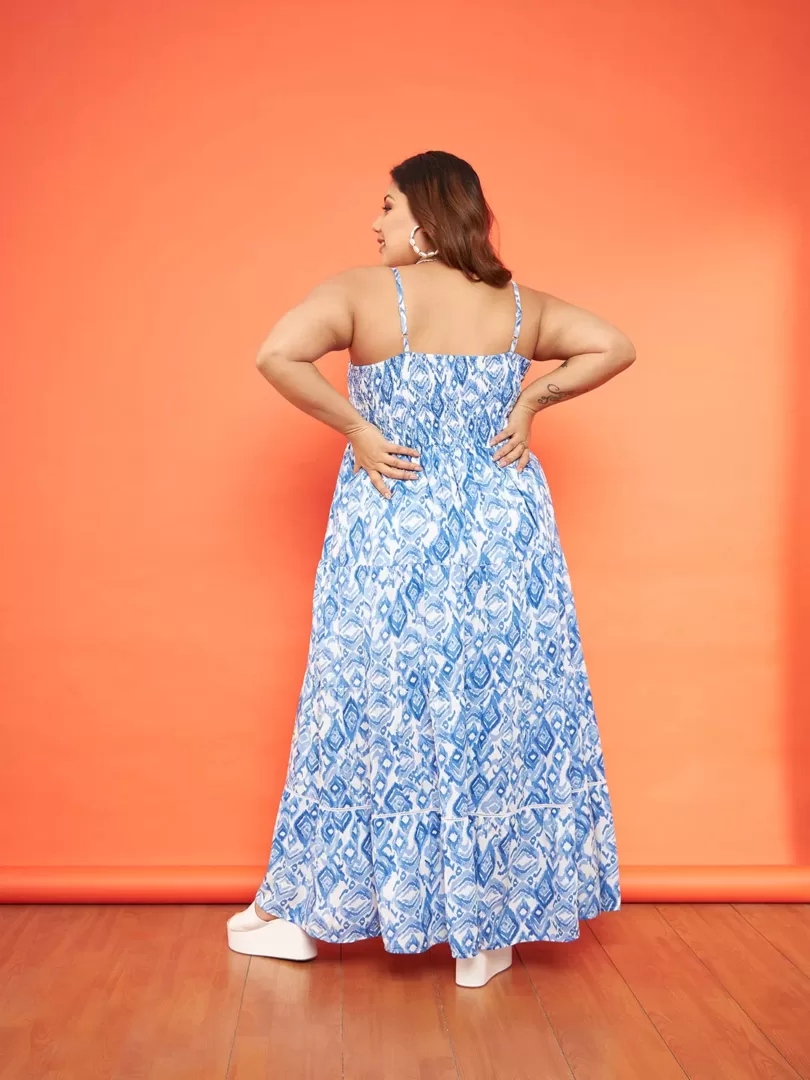 Women Blue & White Ikat Strappy Tiered Maxi Dress