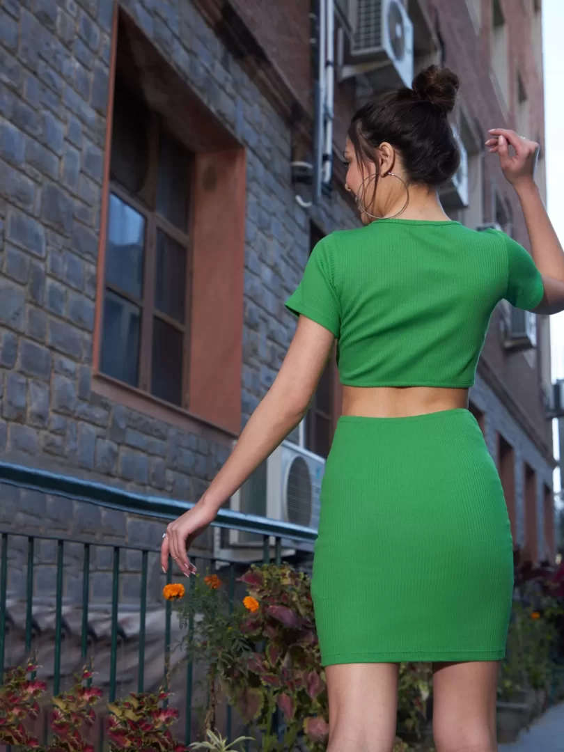 Women Green Rib Waist Cut Out Bodycon Dress