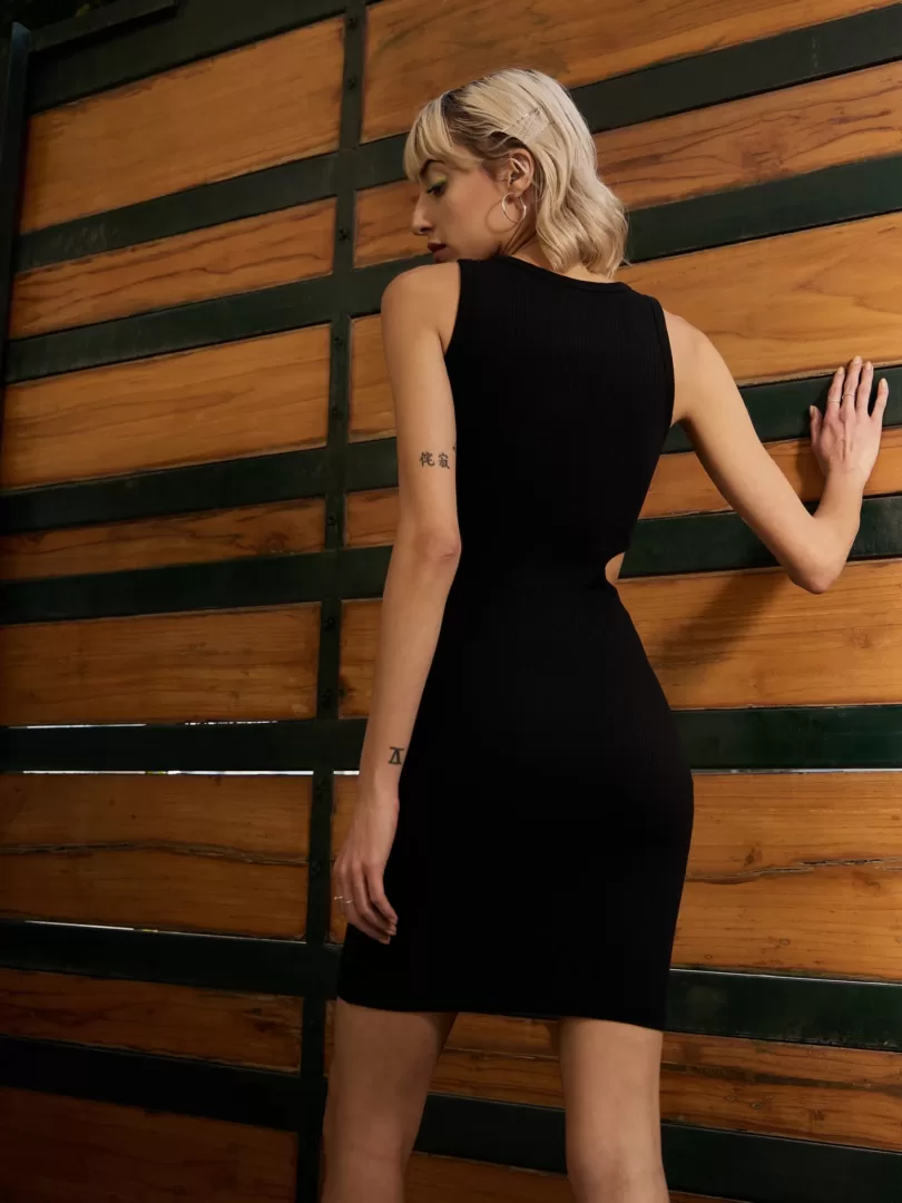 Women Black Rib Side Waist Cut Out Mini Dress