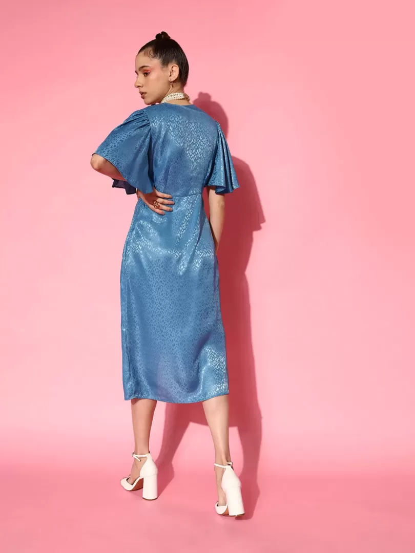 Women Blue Jacquard Drape Midi Dress