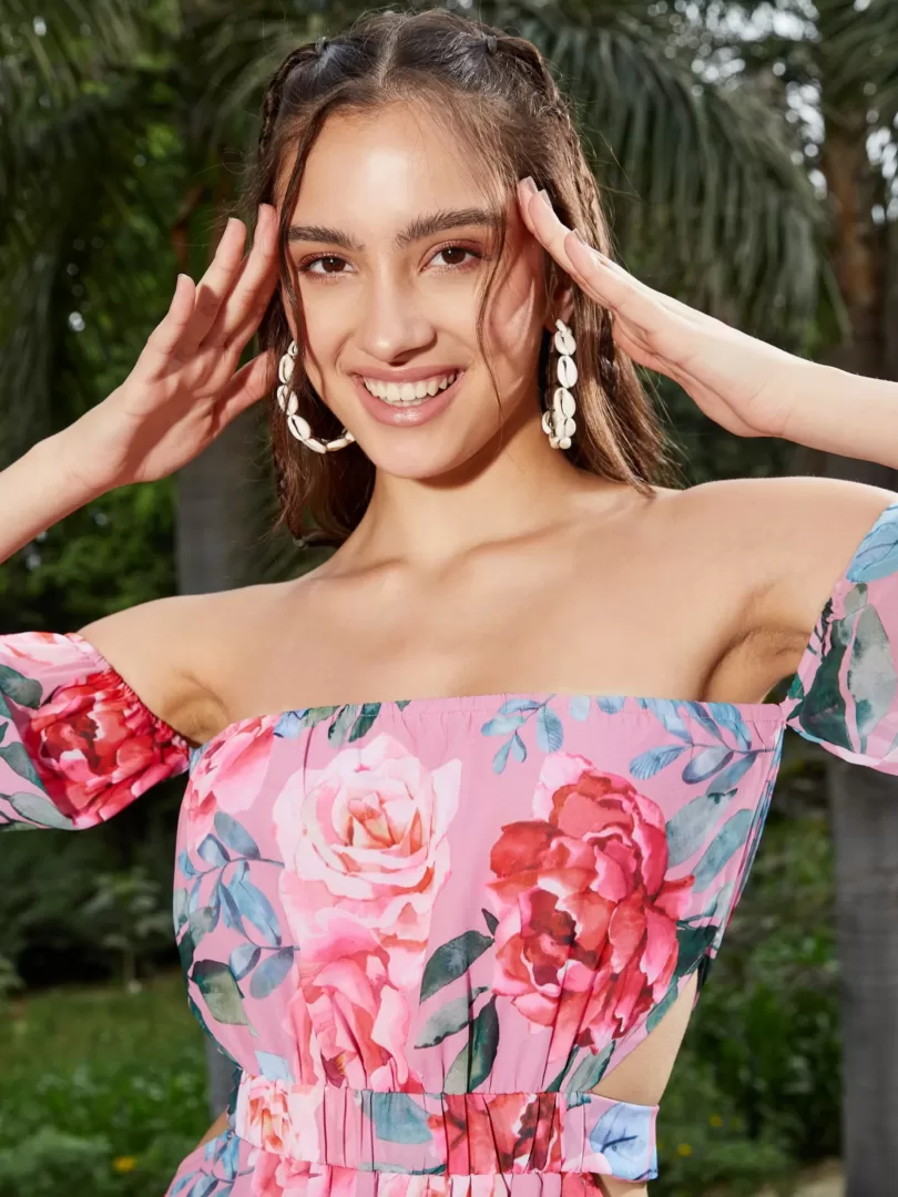 Women Rose Floral Off Shoulder Mini Dress