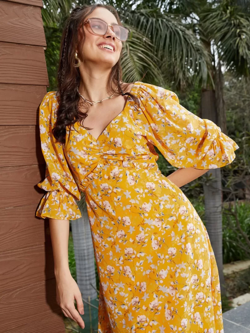Women Yellow Floral Ruched Midi Dress