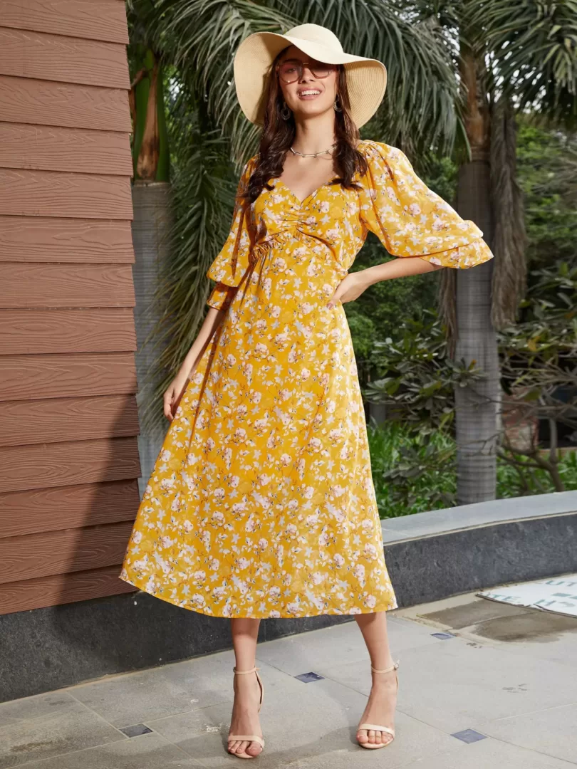 Women Yellow Floral Ruched Midi Dress