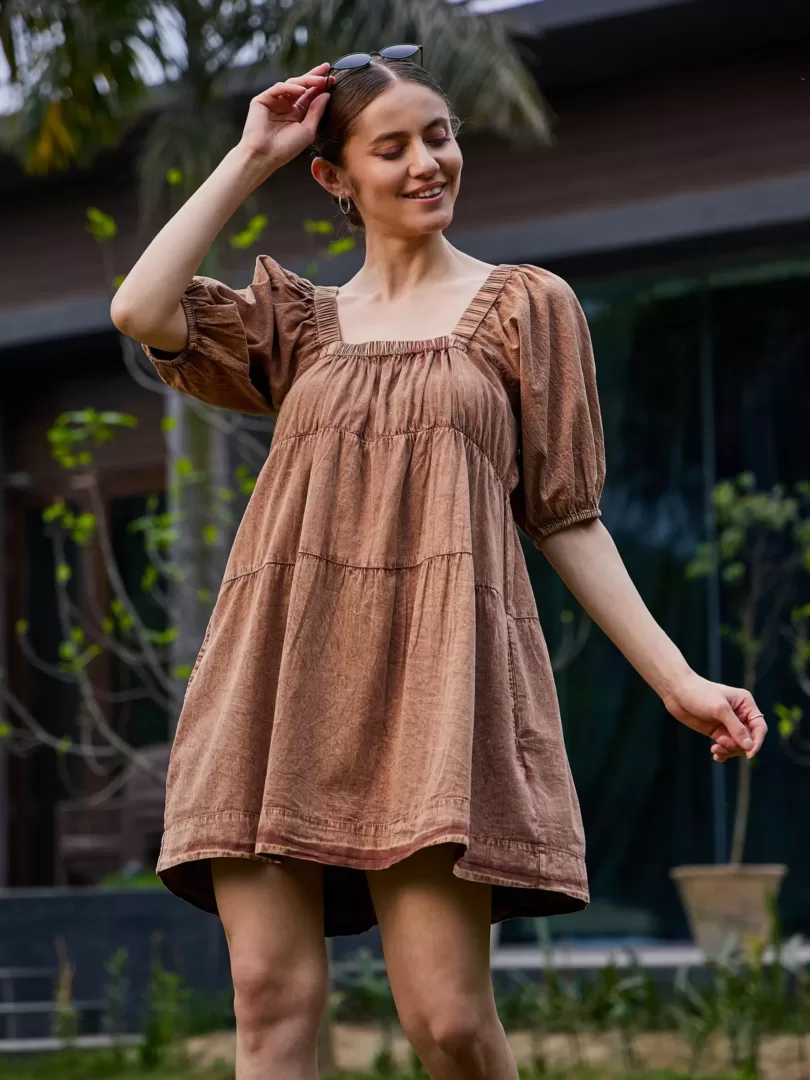Women Brown Washed Tiered Dress