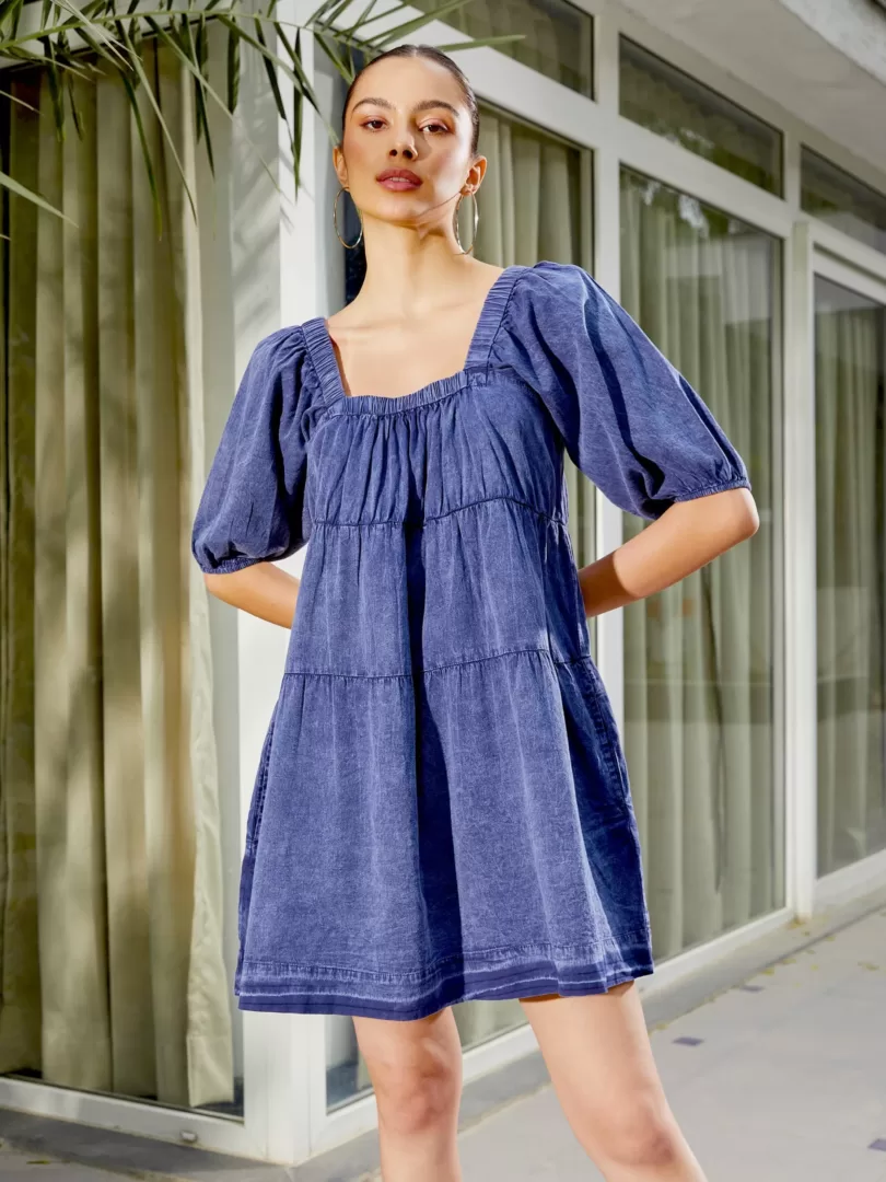 Women Blue Washed Tiered Dress
