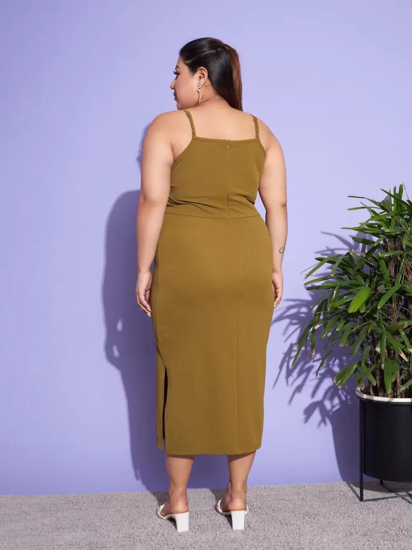 Women Olive Solid Strappy Dress With Shrug