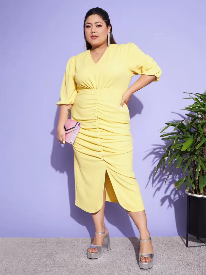 Women Yellow Solid Front Ruched Dress