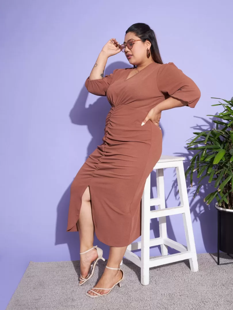 Women Brown Solid Front Ruched Dress