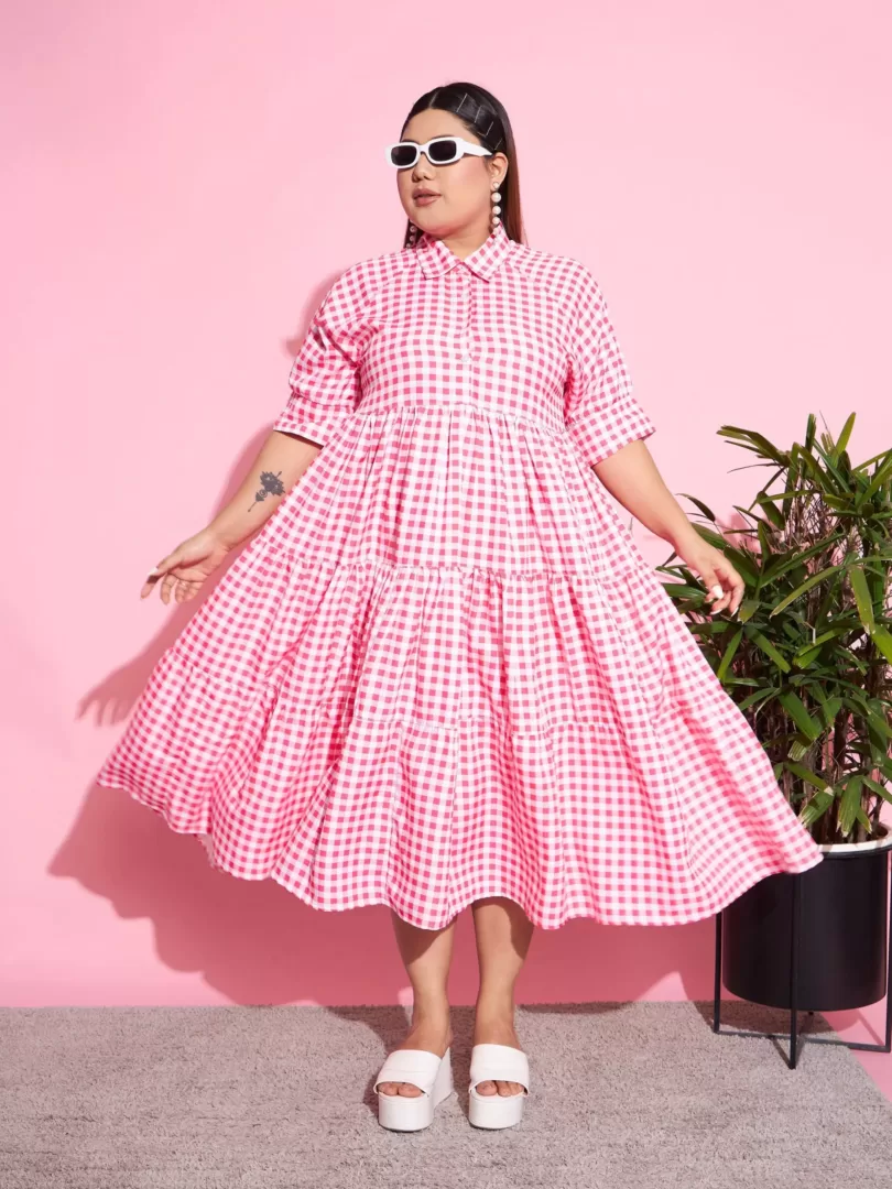 Women Neon Pink Check Midi Dress