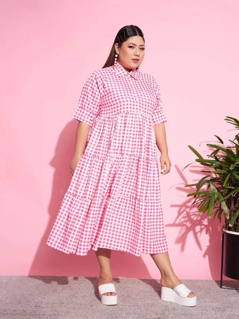 Women Neon Pink Check Midi Dress