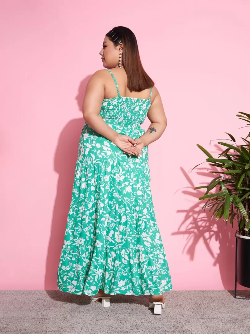Women Green & White Floral Rayon Tiered Maxi Dress