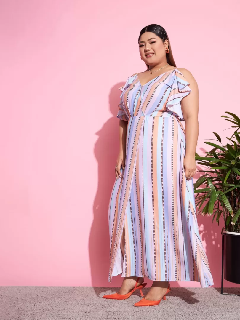 Women Multi Stripes Front Slit Maxi Dress