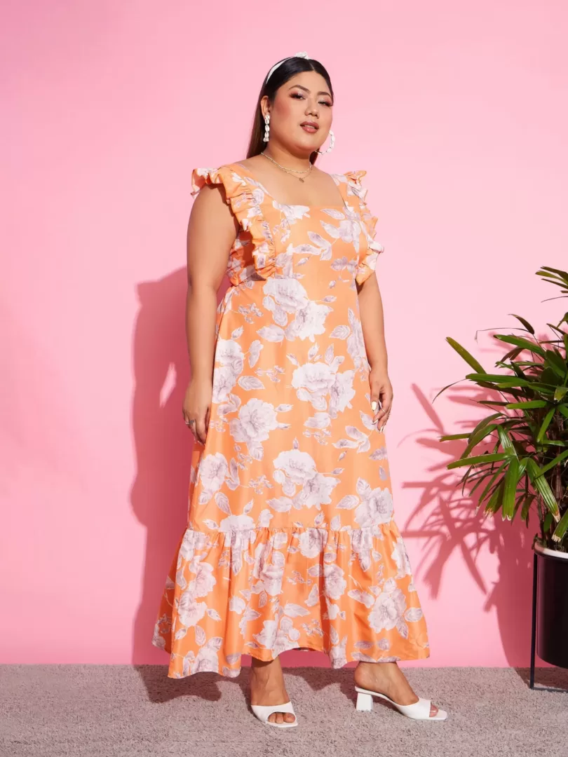Women Orange Floral Back Cut-out Maxi Dress