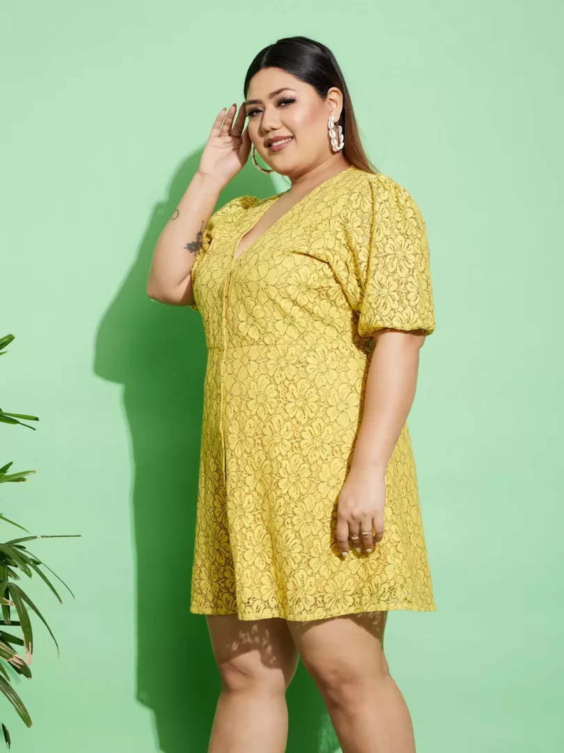 Women Yellow Lace Front Button Dress