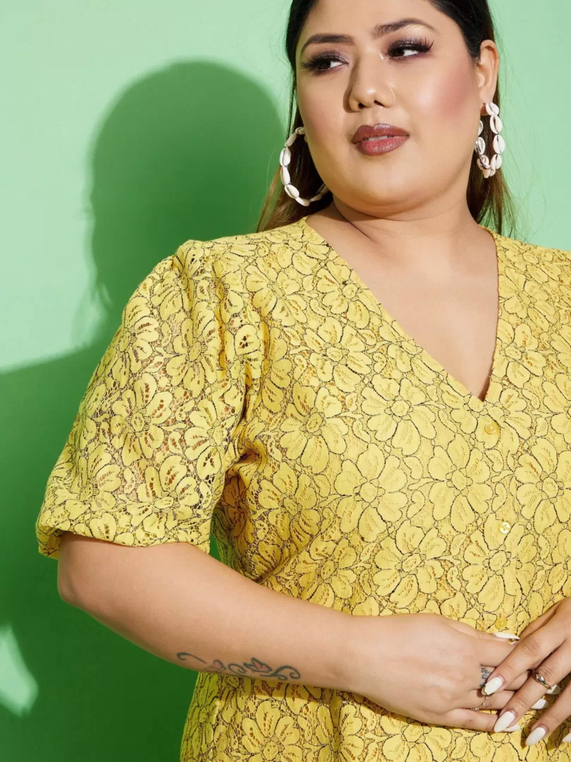 Women Yellow Lace Front Button Dress