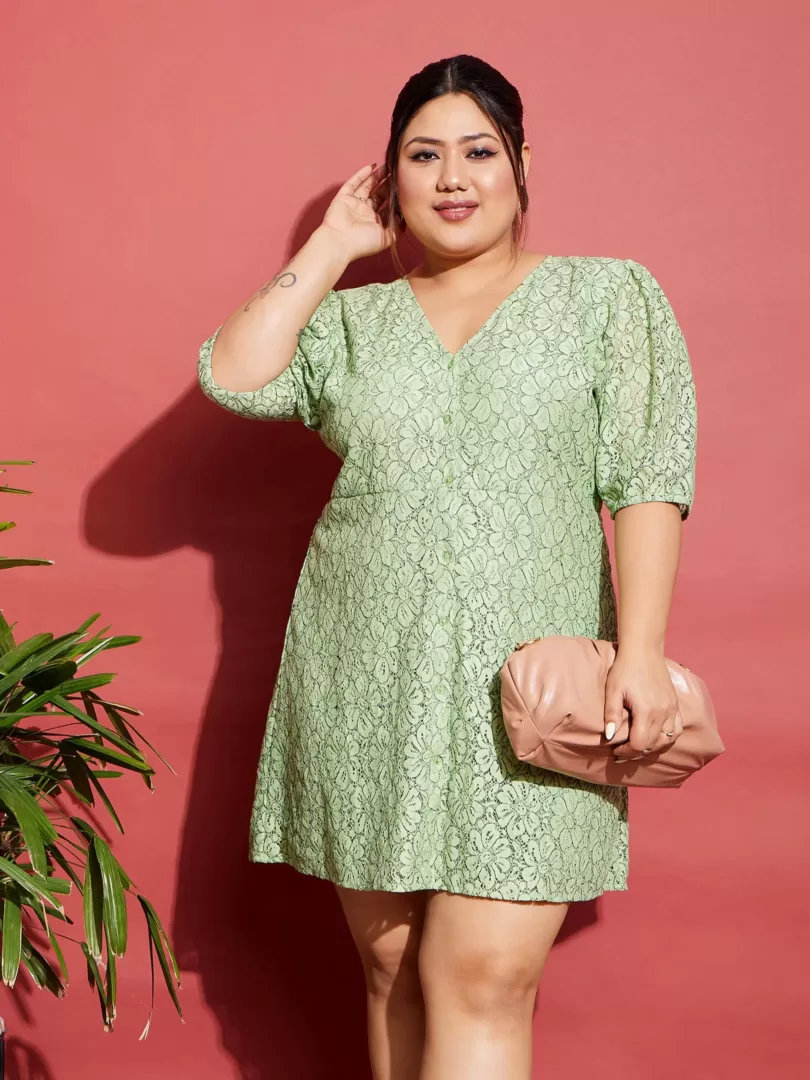 Women Green Lace Front Button Dress
