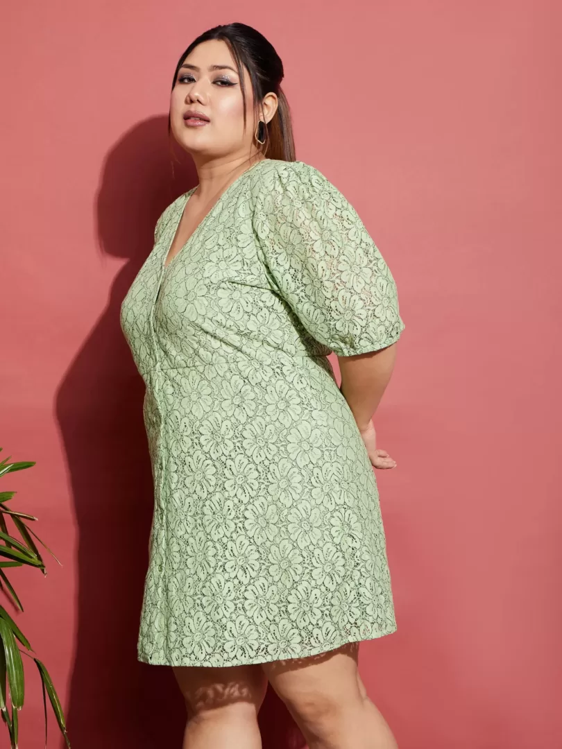 Women Green Lace Front Button Dress