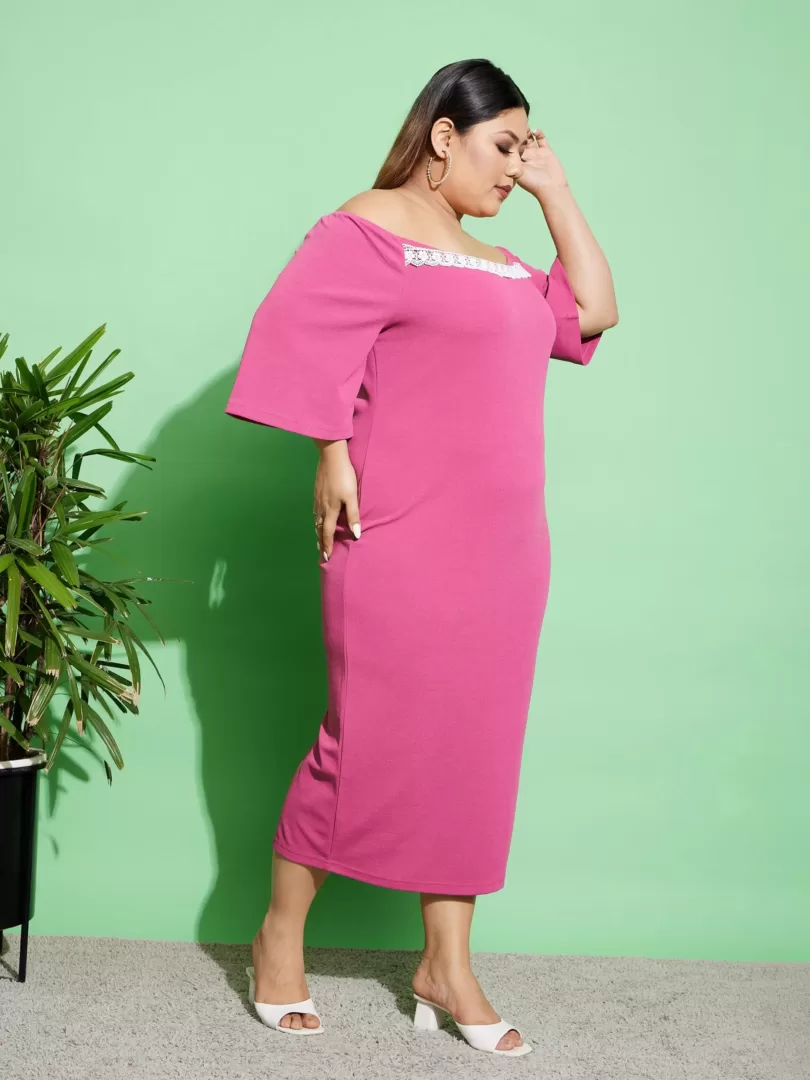 Women Pink Off Shoulder Bodycon Midi Dress