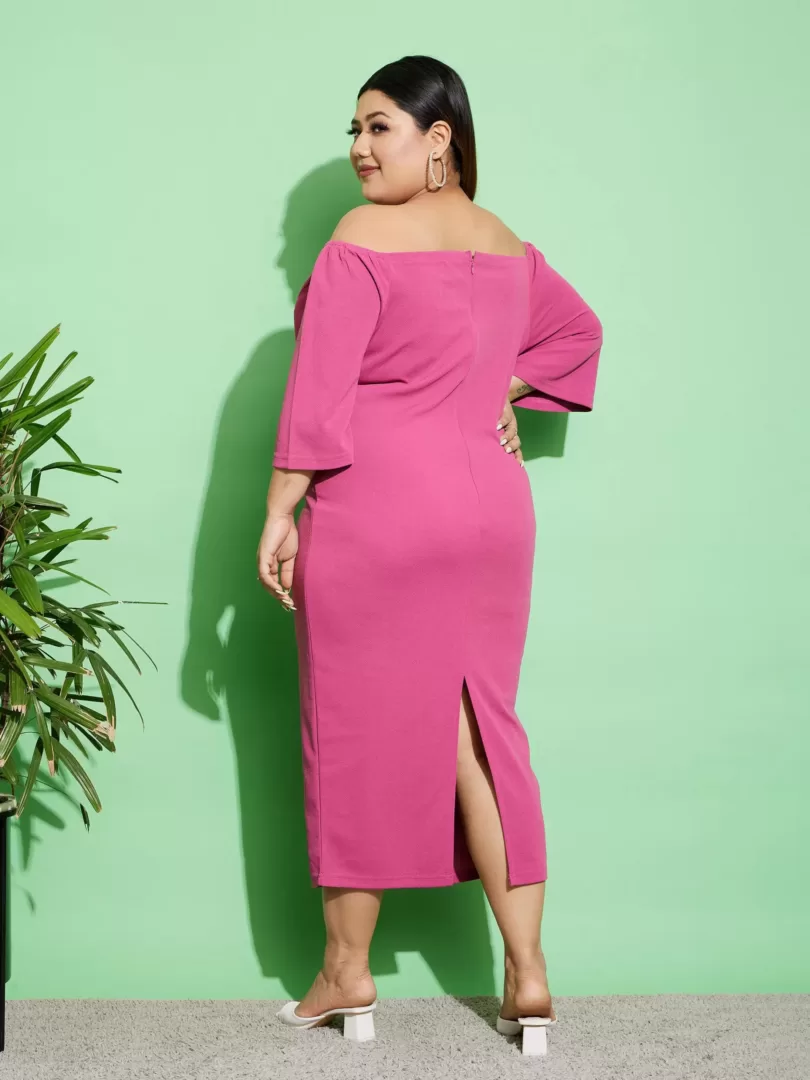 Women Pink Off Shoulder Bodycon Midi Dress