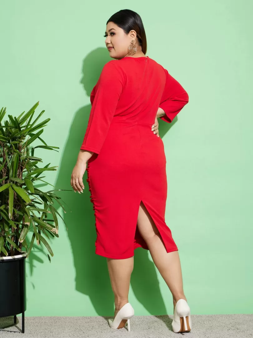 Women Red Ruched Bodycon Midi Dress