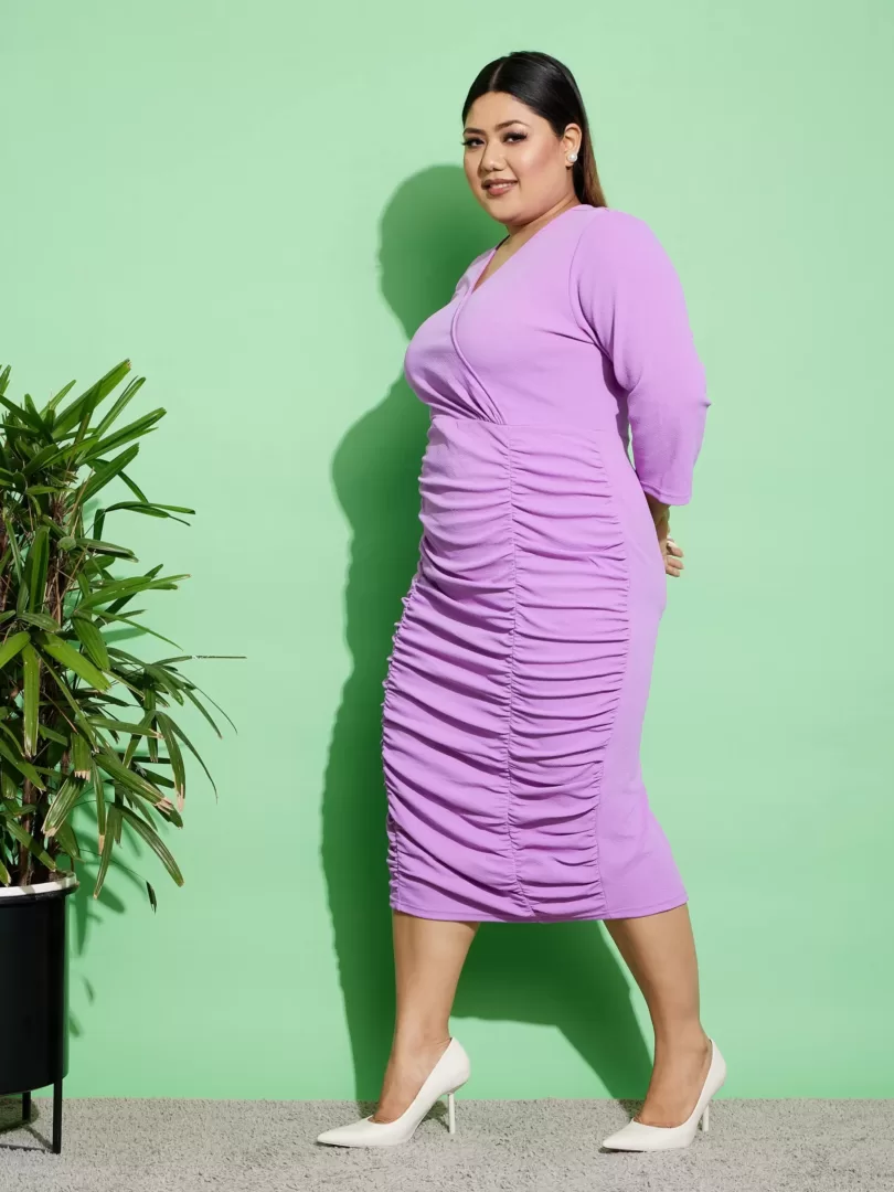 Women Purple Ruched Bodycon Midi Dress