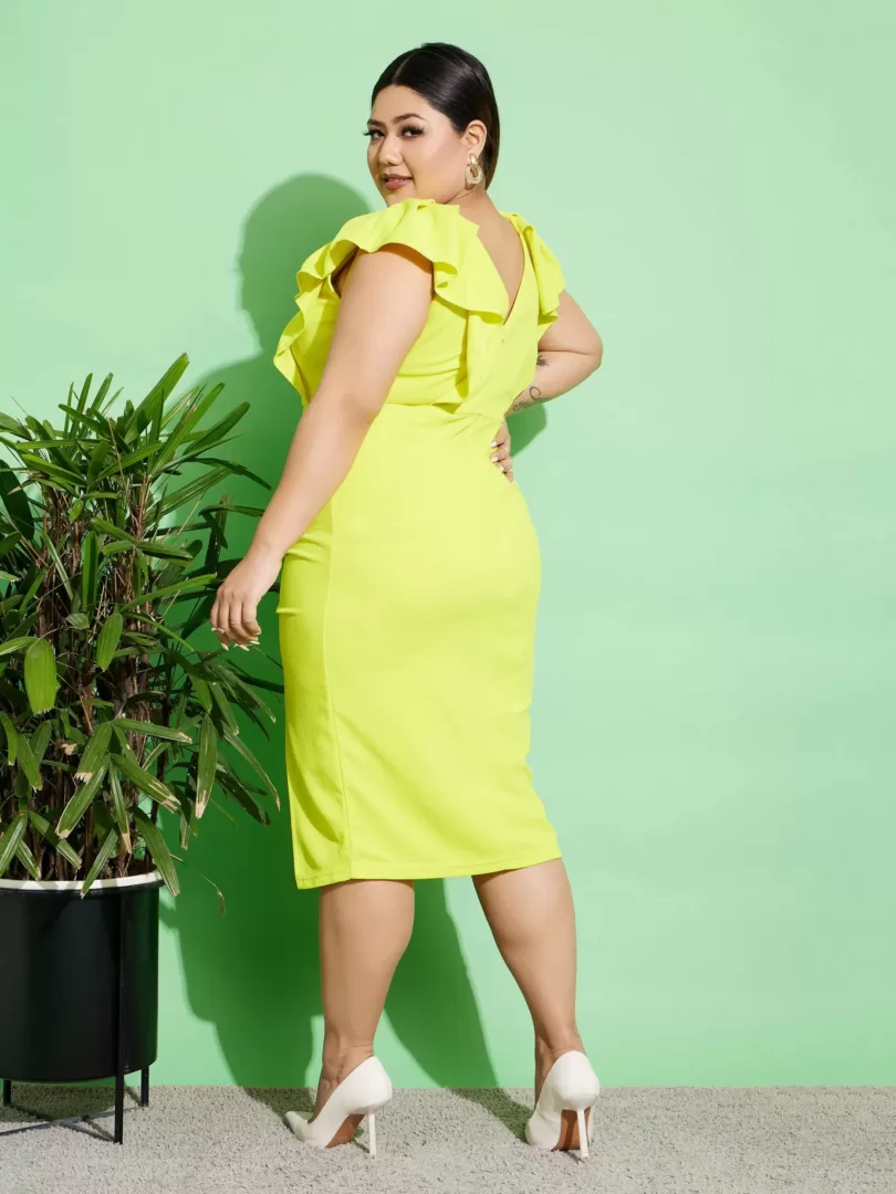 Women Neon Yellow Ruffled Body Slit Bodycon Midi Dress