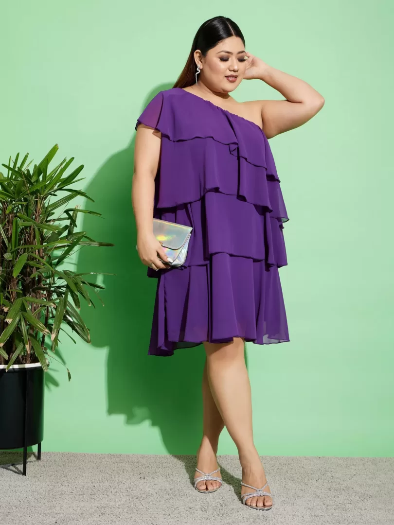 Women Purple One Shoulder Frill Dress