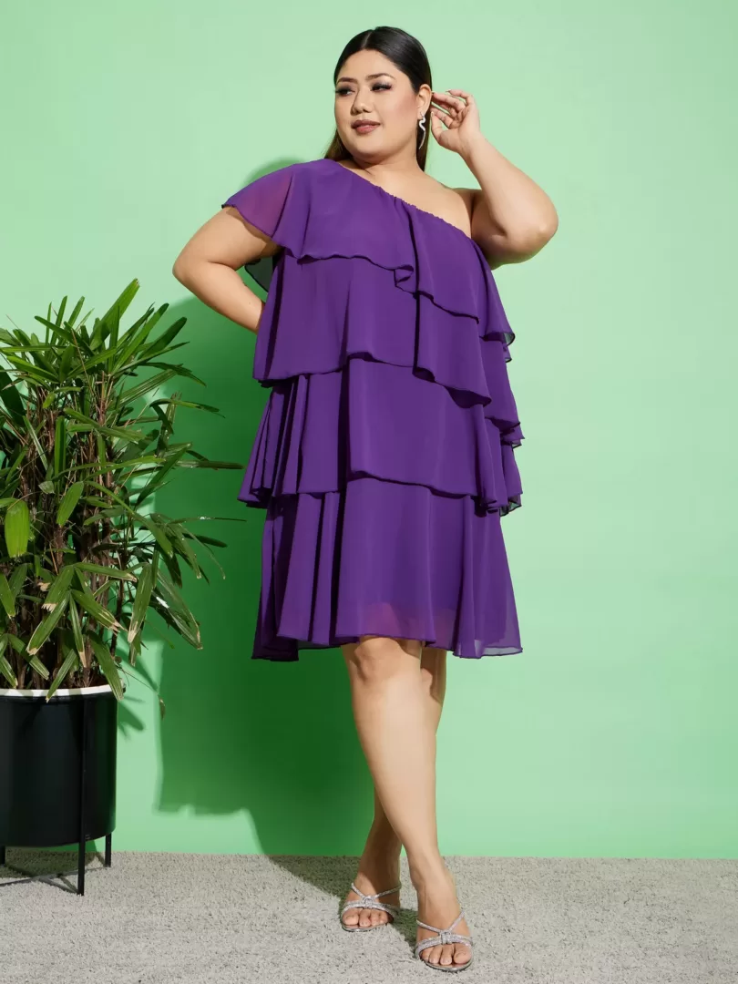 Women Purple One Shoulder Frill Dress