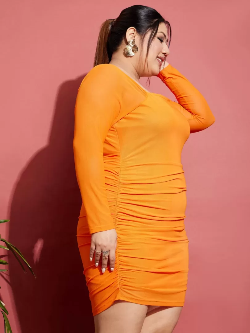 Women Orange Mesh Ruched Bodycon Dress