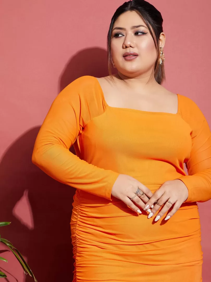 Women Orange Mesh Ruched Bodycon Dress