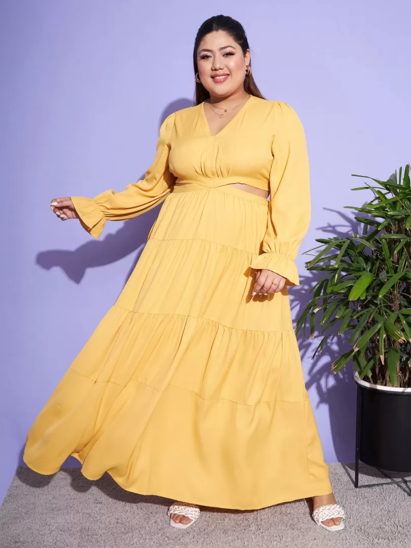 Women Mustard Solid Waist Cut-Out Maxi Dress