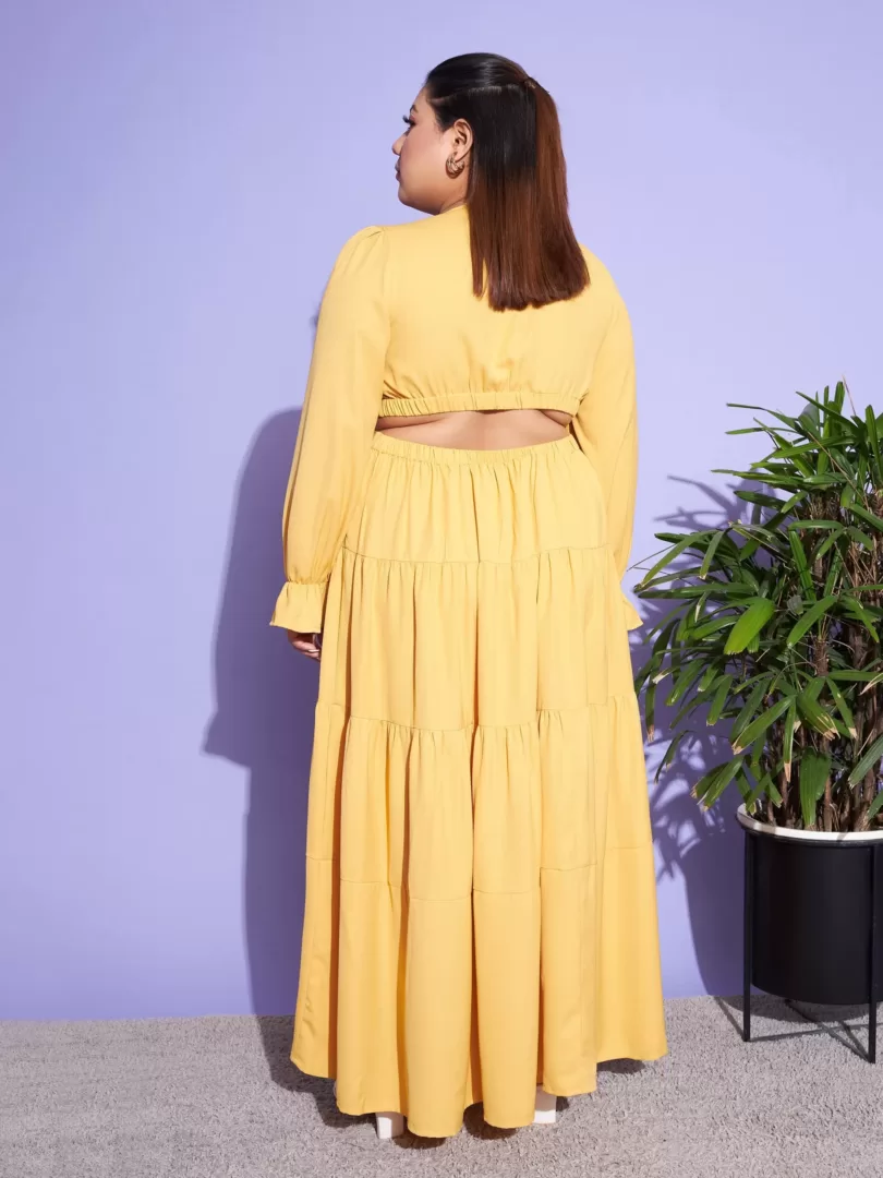 Women Mustard Solid Waist Cut-Out Maxi Dress