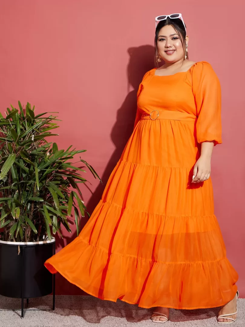 Women Orange Off Shoulder Tiered Belted Maxi Dress