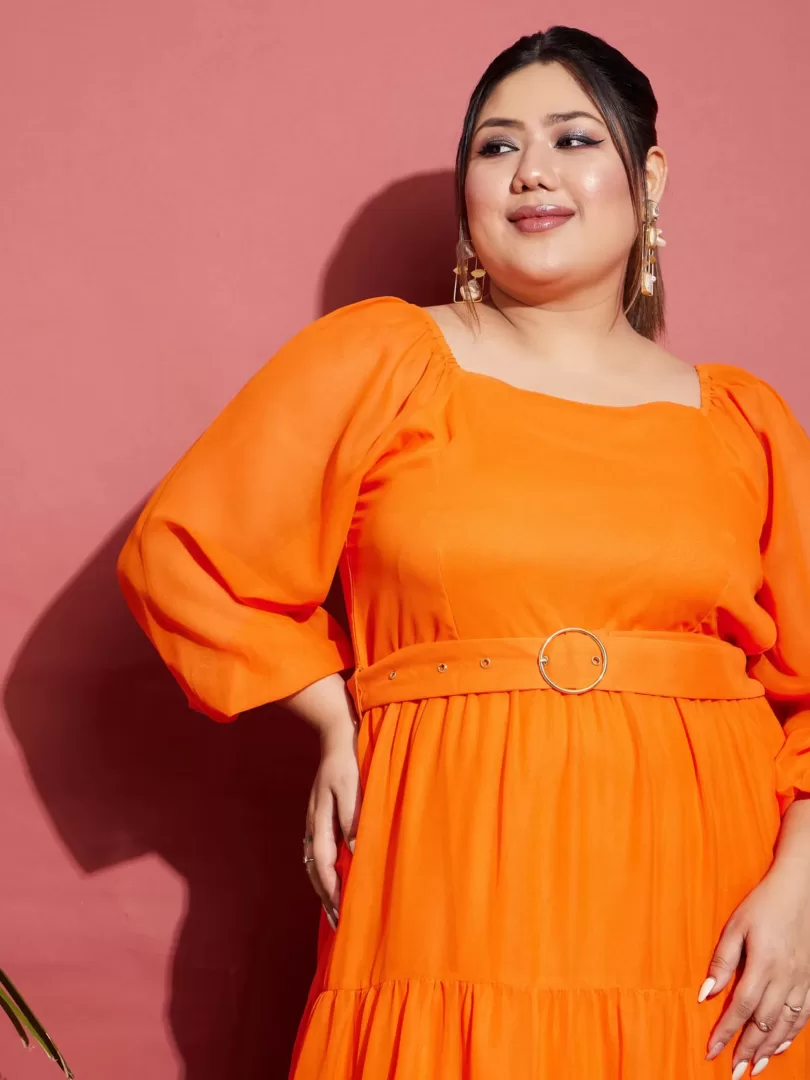 Women Orange Off Shoulder Tiered Belted Maxi Dress