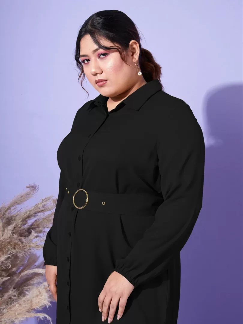 Women Black Front Open Button Shirt Dress