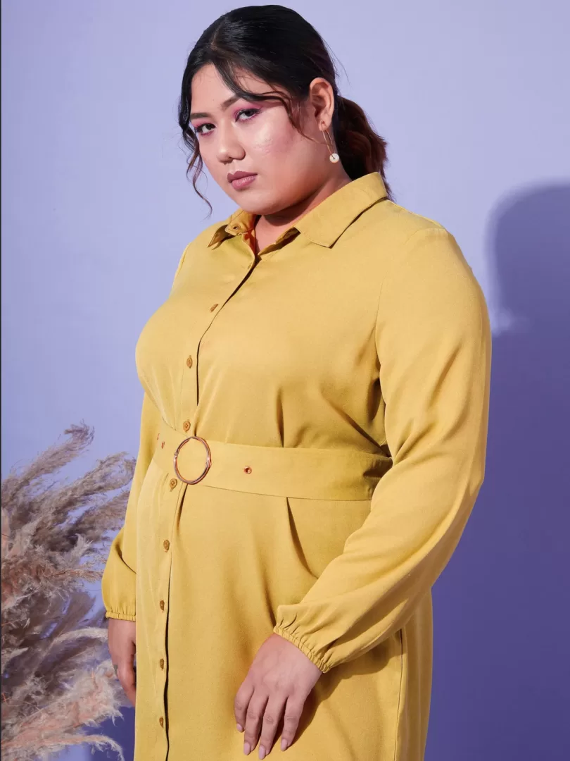 Women Mustard Front Open Button Shirt Dress