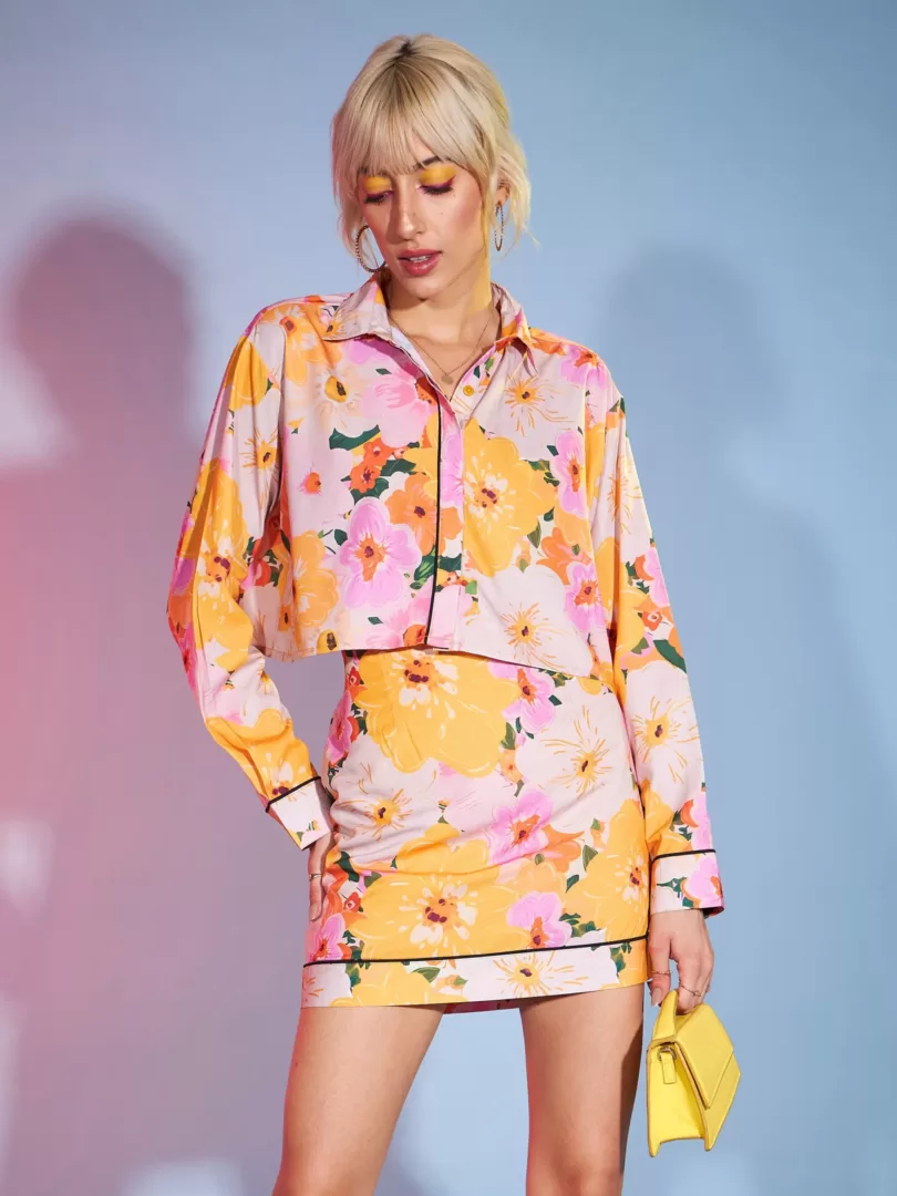 Women Yellow Floral Boxy Crop Shirt With Mini Skirt
