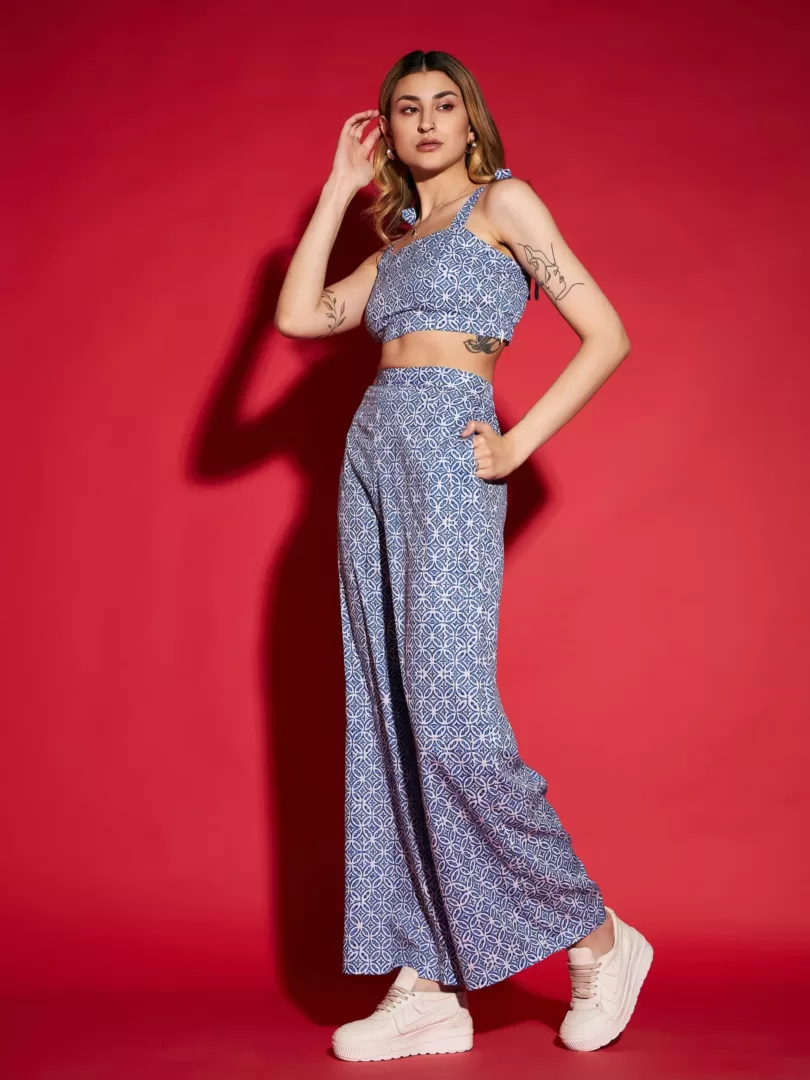 Women Blue Mughal Print Crop Top With Straight Pants